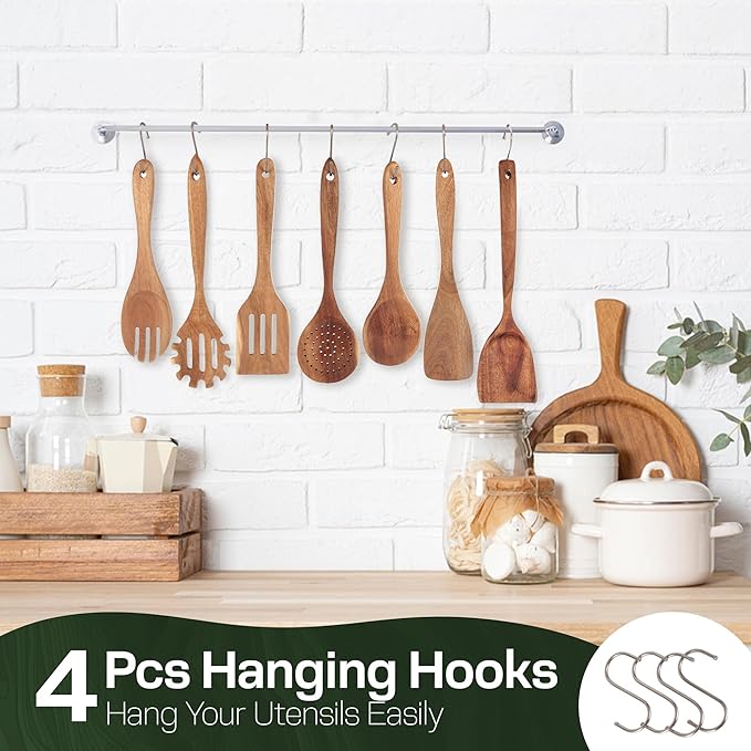 Wooden Spoons for Cooking Set of 10 - Cooking Utensils with Spoon Rest & Holder – Comfortable Grip & Easy to Clean - Wooden Spoon Set for Kitchen with four Hanging Hooks-Ruum Studio Home