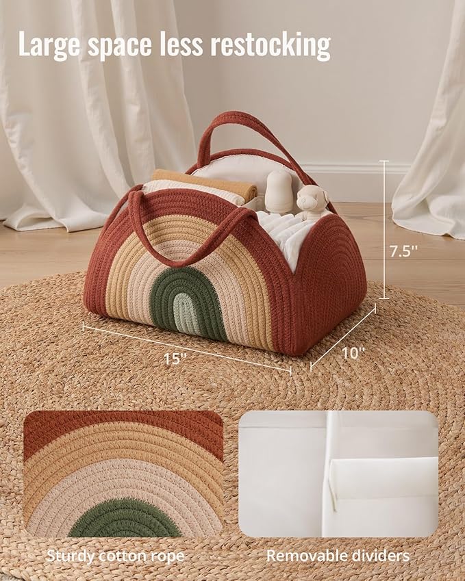 Blissful Diary Baby Diaper Caddy Organizer, Cotton Rope Diaper Caddy Basket, Large Storage Basket, Gift for Baby Shower, Newborn Essentials, Rustic Rainbow-Ruum Studio Home