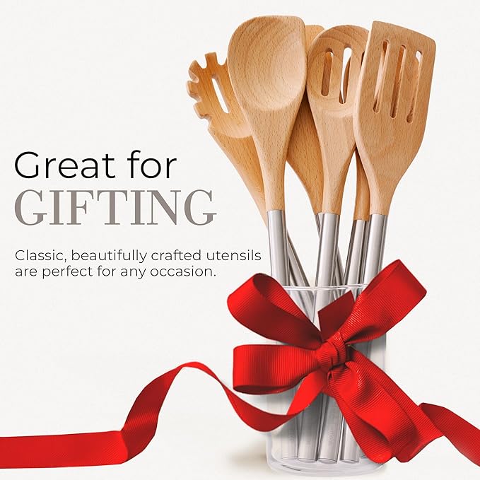 STYLED SETTINGS Wood Cooking Utensils Set with Stainless Steel Handles – 6-PC Durable Wooden Spoons for Cooking, Serving, & Mixing – Kitchen Utensils Set for Nonstick Cookware, Great for Gifting-Ruum Studio Home