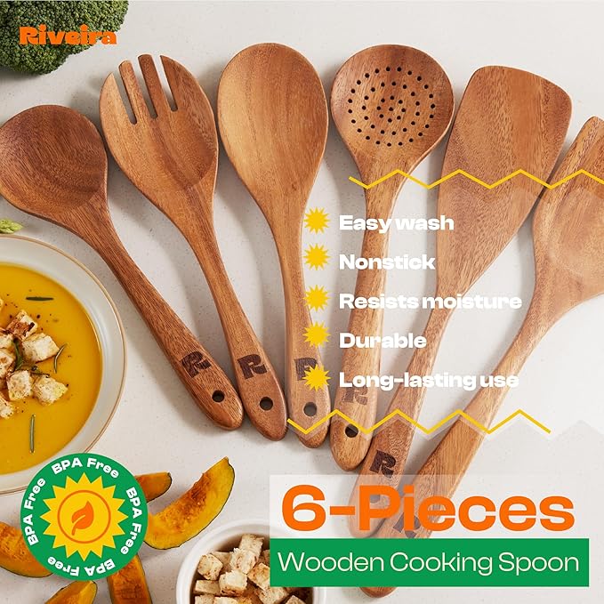 Riveira Walnut Wooden Spoons for Cooking Set of 6 – Natural Walnut Wooden Cooking Utensils, Wooden Spatula, Wooden Spoon - Premium Quality Wooden Utensil Set for Non-Toxic Cooking-Ruum Studio Home