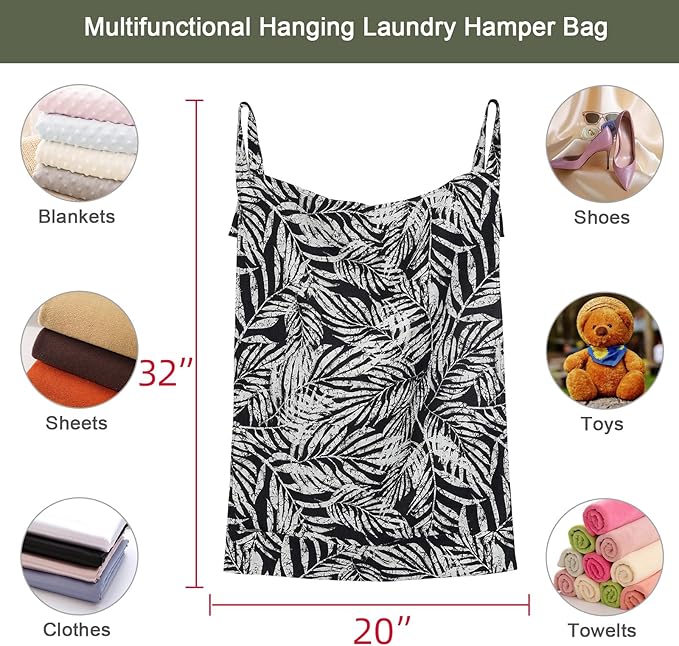 Linen Hanging Laundry Bag, 100% Linen Leaf Print Over The Door Laundry Hamper with Buttons and Zipper, Space Saving Door Hampers for Laundry Dirty Clothes Home Travel, Black, 19.7x27.5inches-Ruum Studio Home