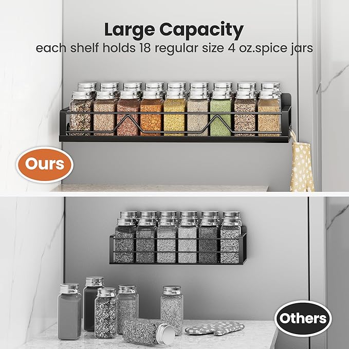 16.9 Inch Wide Large Capacity Magnetic Spice Rack for Refrigerator, 4 Pack Metal Fridge Shelf, Black-Ruum Studio Home