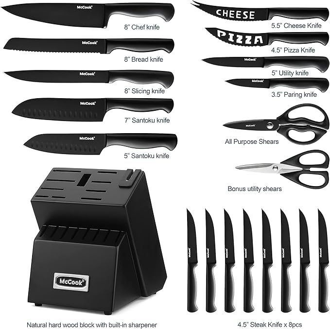 McCook® Premium Black Knife Sets,German Stainless Steel Kitchen Knives Block Set with Built-in Sharpener-Ruum Studio Home