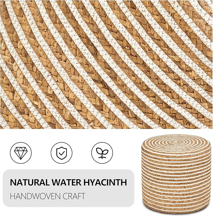 Wimarsbon 18'' Ottoman Pouf, Natural Braided Poof, Rustic Handweave Lounge Pouffe, Boho Footrest Stool for Bedroom, Accent Table or Seat for Living Room (Natural Water Hyacinth + White Cotton Rope)-Ruum Studio Home