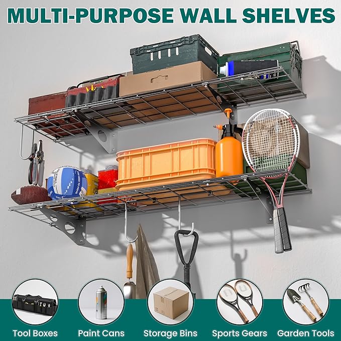 EVERHANGER Garage Wall Shelves, 12 X 48 Inch Wall Mounted Storage Shelves, Heavy Duty Metal Shelving with Hooks, 2 Pack, Black-Ruum Studio Home