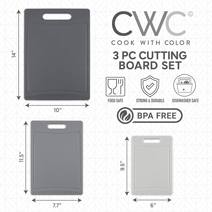 COOK WITH COLOR Non-Slip Cutting Board Set – Kitchen Essentials with Easy Grip Handle for Meat, Veggies, and Fruits, 3 Cutting Boards, Gray-Ruum Studio Home
