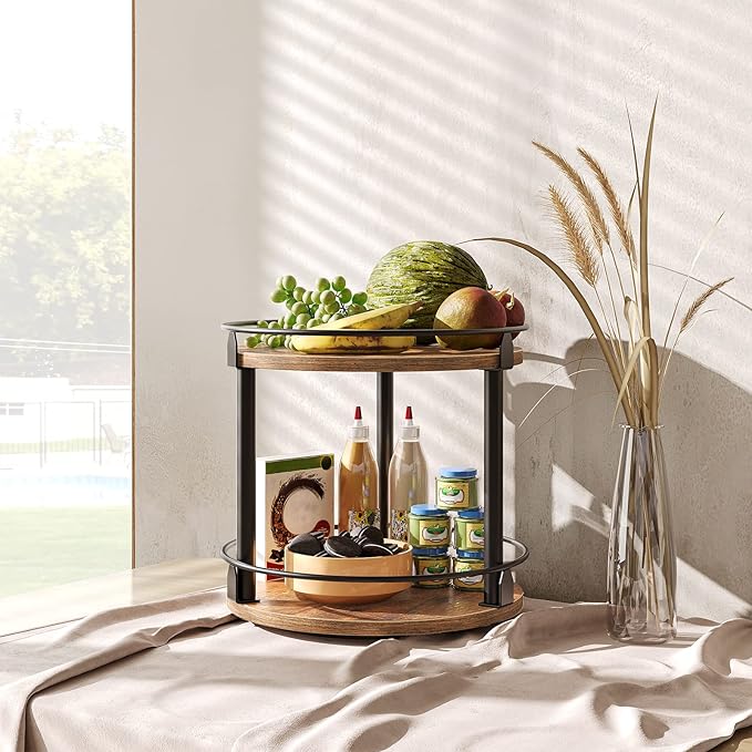 Lazy Susan Organizer, Rotating Spice Rack, 2 Tier Spice Turntable Organizer, Industrial Turntable Spice Holder, for Kitchen Countertop and Cabinet, Compact and Versatile, Rustic Brown SR22BR-Ruum Studio Home