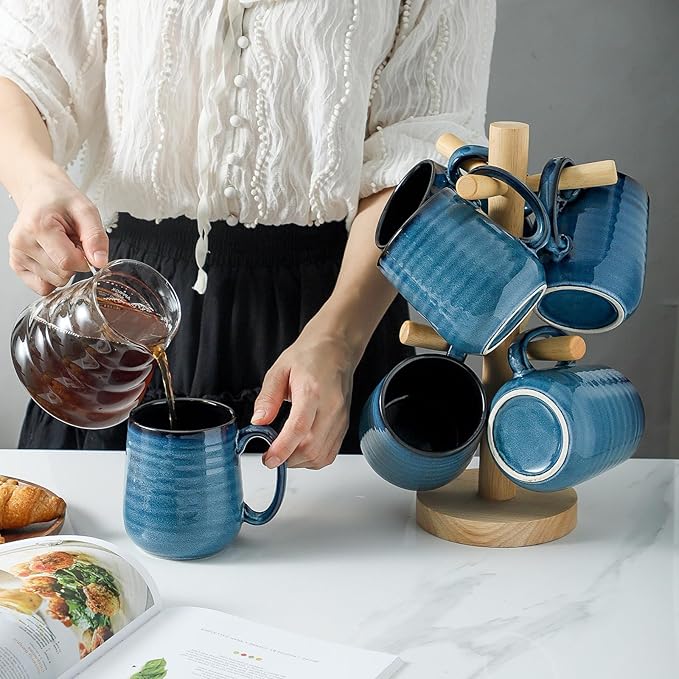 Hasense Porcelain Coffee Mugs Set of 6, 15 Ounce Large Ceramic Coffee Cups Set with Handle for Latte, Tea, Cocoa and Hot Chocolate, Blue Coffee Mugs for Men and Women, Microwave Safe-Ruum Studio Home