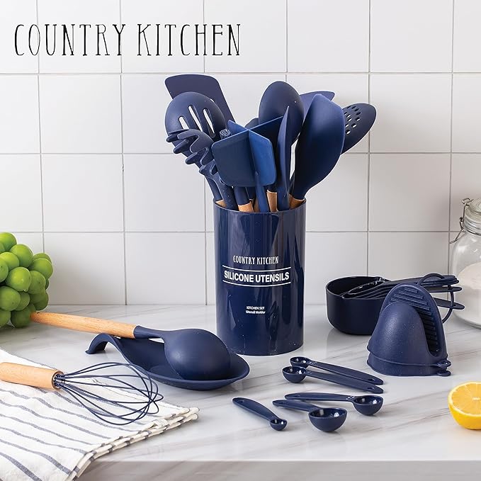 Country Kitchen Non Stick Silicone Utensil Set with Rounded Wood Handles for Cooking and Baking, 38 Piece Set, Navy-Ruum Studio Home