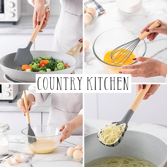Country Kitchen Non Stick Silicone Utensil Set with Rounded Wood Handles for Cooking and Baking, 14 Piece Set, Gray-Ruum Studio Home