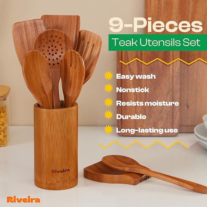 Riveira Natural Bamboo Wooden Cooking Utensils Set of 9 Premium Quality Non-Toxic Wooden Spoons and Spatulas for Cooking-Ruum Studio Home