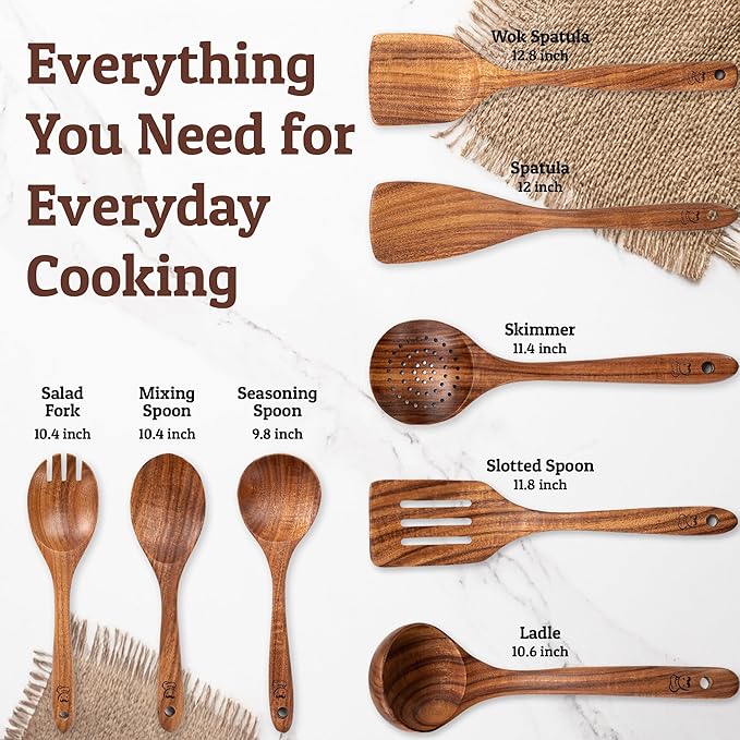 PriorityChef Premium Wooden Spoons for Cooking - 8pc Smooth Finish Teak Utensil Set with Hanging Hooks, Heat-Resistant & Nonstick Safe, Ideal for Gifting-Ruum Studio Home