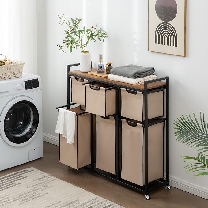 Laundry Basket Organizer, Hampers for Laundry 6 Compartments, Laundry Hamper with 6 Sliding Laundry Sorter Bags, Top Storage Shelf, and Metal Frame (6 Compartments)-Ruum Studio Home