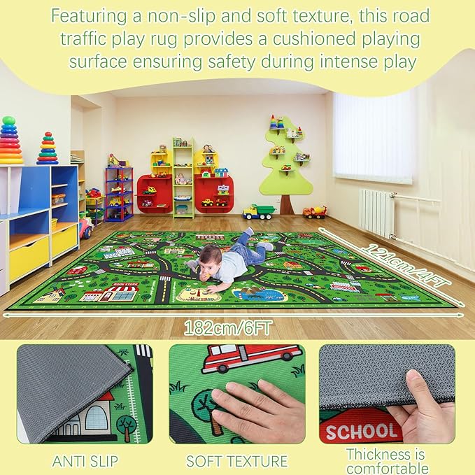 Kids Carpet Playmat Rug 4 x 6 ft Player Car Rug, City Life Traffic Road Map Mat Educational Game Area Mat for Toddler Children Playroom Classroom Bedroom(Green)-Ruum Studio Home