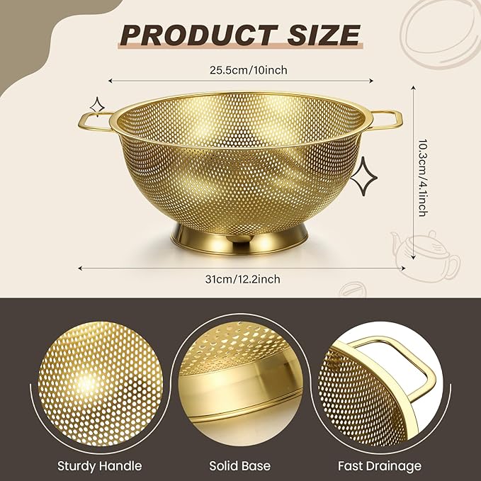 Norme 4 Quart Stainless Steel Gold Colander and 3 Pcs Gold Fine Mesh Strainer, Stainless Steel Pasta Rice Food Metal Strainer with Handles, Easy Clean and Dishwasher Safe-Ruum Studio Home