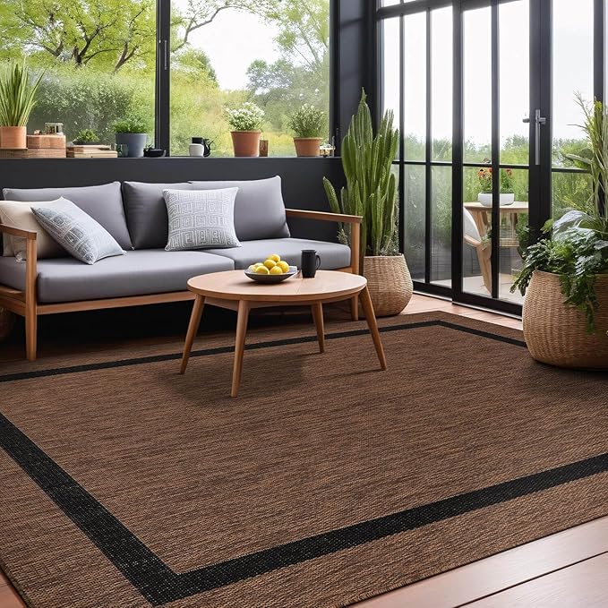 Bordered Outdoor Rug 8x10 Washable Outside Carpet for Indoor Patio Porch Waterproof Easy Cleaning Non Shedding Area Rugs Nut Brown - Black 8 x 10-Ruum Studio Home
