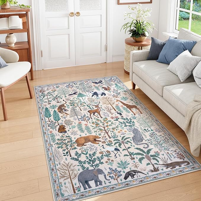 OJIA Jungle Print Washable Area Rugs 5x7, Soft Modern Rugs for Living Room Ultra-Thin Non-Shedding Bedroom Rug, Stain Resistant Neutral Area Rug Large Carpet for Dining Room Kids Nursery Playroom-Ruum Studio Home