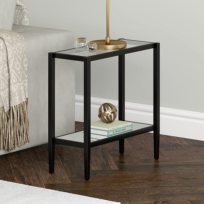 Henn&Hart 24" Wide Rectangular Side Table with Glass Shelf in Blackened Bronze, Table for Living Room, Bedroom-Ruum Studio Home