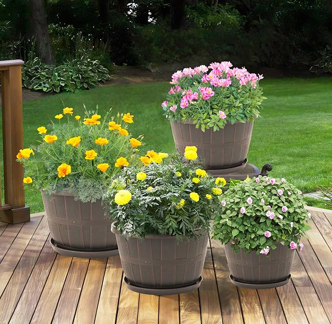 Quarut 16 Inch Brown Classic Plastic Whiskey Barrel Planters Set of 4 with Drainage Holes & Trays for Indoor & Outdoor Use-Ruum Studio Home