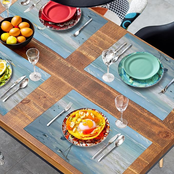 Blue Heron Placemats Set of 4 Summer Coastal Beach Pelican Placement Mats for Dining Table Nautical Ocean Bird Pattern Washable Non-Slip Heat-Resistant Linen Place Mats-Ruum Studio Home