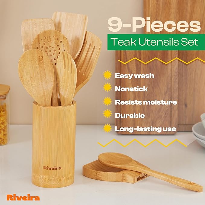 Riveira Natural Bamboo Wooden Cooking Utensils Set of 9 Premium Quality Non-Toxic Wooden Spoons and Spatulas for Cooking-Ruum Studio Home