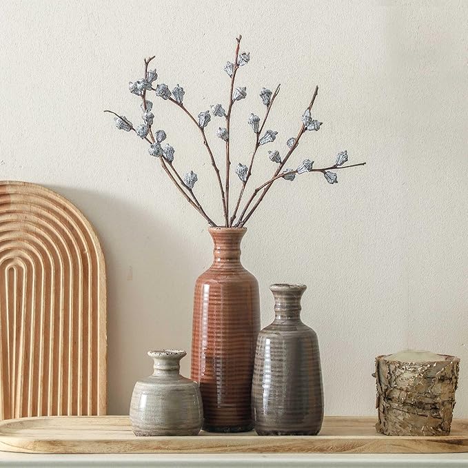 Ceramic Vases Set of 3, Neutral Rustic Farmhouse Vases Home Decor Decorative Flower Vase Modern Boho Pampass Vase for Table Mantel Entryway Shelf Living Room Kitchen Bathroom - Brown-Ruum Studio Home