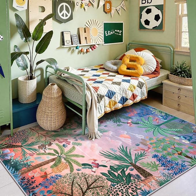 LIVEBOX Jungle Rugs 5x7 Kids Rugs for Bedroom Girls, Soft Lavender Rug for Nursery Baby Room, Non-Slip Girls Bedroom Rug, Machine Washable Purple Modern Dining Room Floor Carpet-Ruum Studio Home