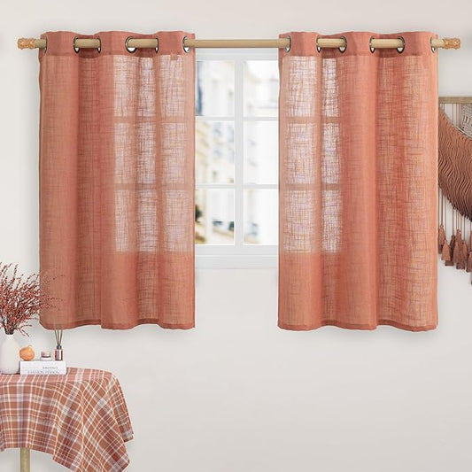 LAMIT Natural Linen Semi Sheer Curtains 48 Inch for Short Windows, Light Filtering Curtains Farmhouse Boho Bronze Grommet Drapes for Kitchen/Loft Room, 2 Panels (34 x 48 Inch, Terracotta)-Ruum Studio Home