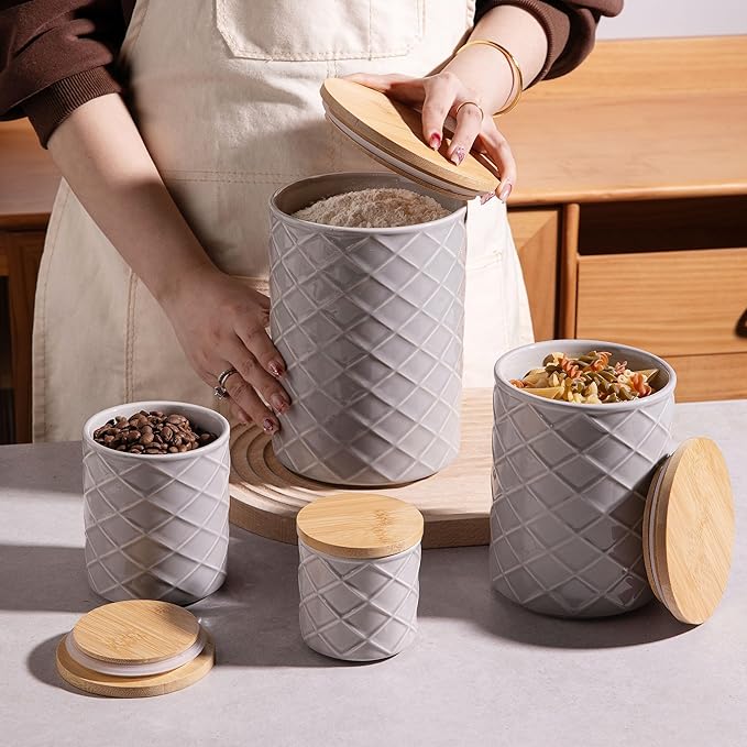 Sweejar Ceramic Canisters Sets for Kitchen Countertop, Relief Food Storage Jar with Bamboo Lid, Stackable Container for Flour, Coffee, Pasta, Cereal, Tea, Cookies, Sugar, Spices, Pack of 4 (Gray)-Ruum Studio Home