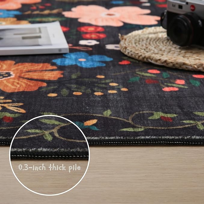 Round Rug 6ft Washable Circle Rug Non Slip Low Pile Boho Floral Small Circular Rug for Bedroom, Bathroom, Entryway, Kids Room, Office, College Dorm(Black)-Ruum Studio Home