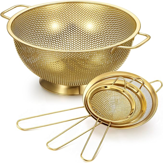 Norme 4 Quart Stainless Steel Gold Colander and 3 Pcs Gold Fine Mesh Strainer, Stainless Steel Pasta Rice Food Metal Strainer with Handles, Easy Clean and Dishwasher Safe-Ruum Studio Home