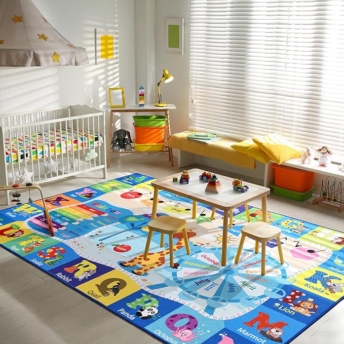 Kids Rugs for Playroom Washable, Educational and Fun Learning Rugs with ABC Alphabet Animals Shapes, Baby Toddler Children's Play Mat for Bedroom Classroom Nursery, 3x5 Feet, Blue-Ruum Studio Home