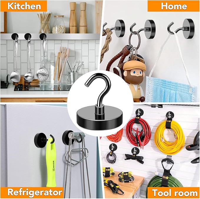 MIKEDE Black Magnetic Hooks Heavy Duty, 150LB+ Strong Neodymium Magnets for Refrigerator, Magnetic Hooks with Epoxy Coating for Hanging, Magnets with Hooks for Cruise, Home, Workplace - 10 Pack-Ruum Studio Home