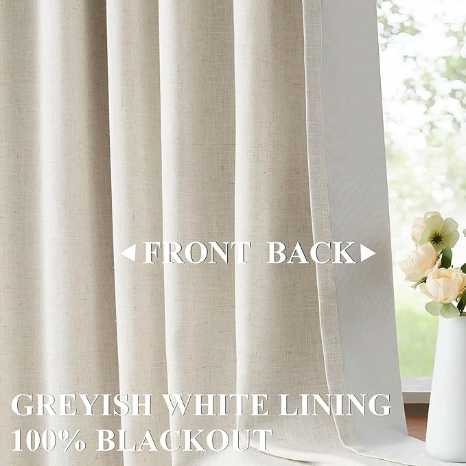 Vision Home Natural Pinch Pleated Full Blackout Curtains Linen Blended Room Darkening Window Curtains 120 inch for Living Room Bedroom Thermal Insulated Pinch Pleat Drapes with Hooks 10ft 40"Wx120"Lx2