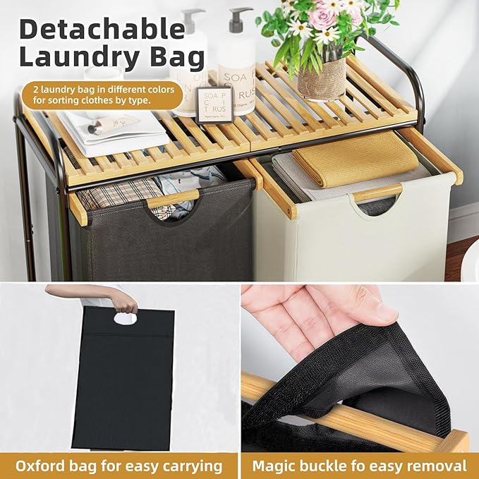 Laundry Hampers 2 Section, Laundry Sorter with Removable Shelf and Pull-Out Bags, Clothes Hampers with Wheels Rolling Cart Basket for Laundry Room Bathroom, 2 x 50 L (Black White)-Ruum Studio Home