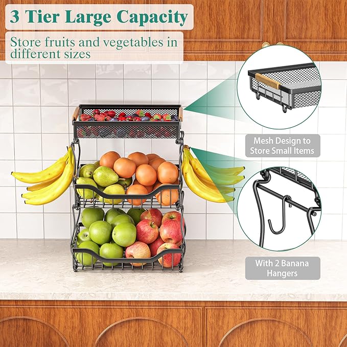 Giwil 3 Tier Countertop Fruit Mesh Basket for Kitchen, Vegetable Storage Bread Fruit Bowl Stand with 2 Banana Hooks, Wall Mounted Metal Wire Basket Organizer for Potato Onion, Black-Ruum Studio Home