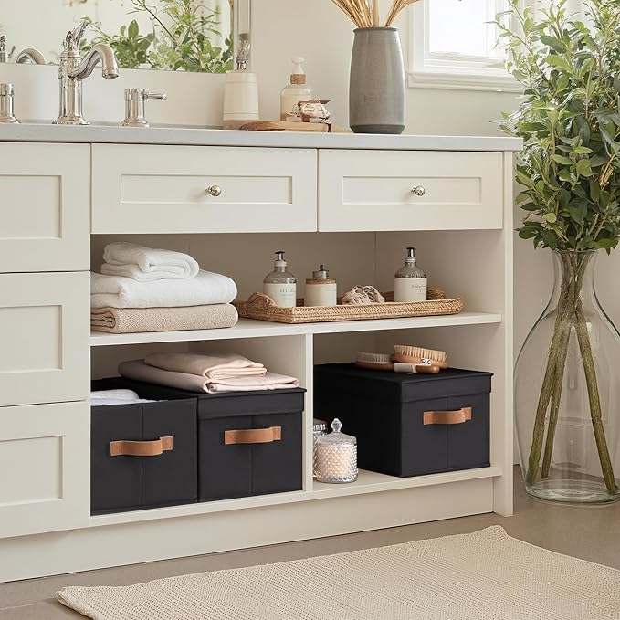 StorageWorks Large Storage Bins with Lids, Decorative Storage Boxes with Lid and PU Handles, Foldable Storage Baskets for Closet, Shelves, Stackable, Black, 3-Pack-Ruum Studio Home