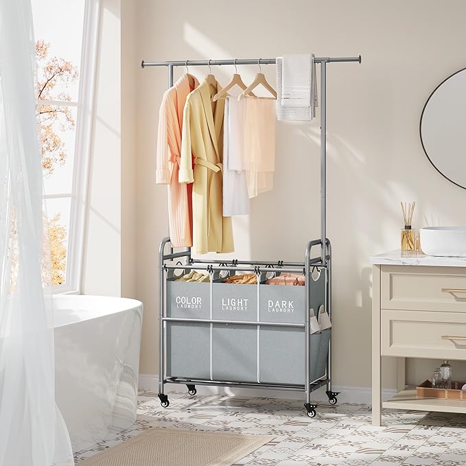 Tajsoon Laundry Sorter with Hanging Bar, 3 Section Rolling Laundry Hamper with Heavy Duty Lockable Wheels, Laundry Basket with Hanging Rack for Bedroom, 3 Gray-Ruum Studio Home