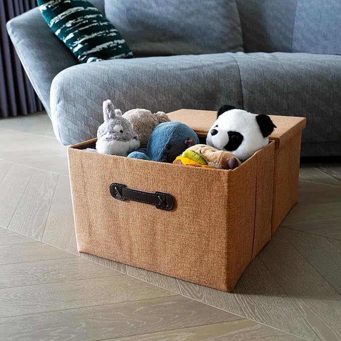 Enzk&Unity Decorative Storage Bins with Lids, Fabric Linen Foldable Storage Box with Handle Home Organizer for Shelf, Closet, Bedroom, Living Room, Office, 3 Packs, Brown-Ruum Studio Home