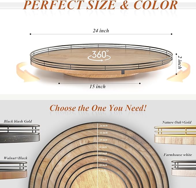 24" Lazy Susan Oak Wood Turntable Organizer for Cabinet, Farmhouse Round Wooden Large Lazy Susan Organization and Storage for Dining Table, Pantry, Kitchen, Countertop, Cupboard, Home Decor-Ruum Studio Home