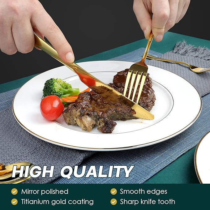Gold Silverware Set for 8, OGORI 45-Piece Stainless Steel Flatware Set with Serving Set, Mirror Polished Cutlery Set with Serving Utensils Spoon for Kitchen Party Supply-Ruum Studio Home