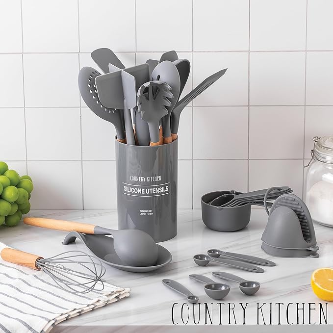 Country Kitchen Non Stick Silicone Utensil Set with Rounded Wood Handles for Cooking and Baking, 38 Piece Set, Gray-Ruum Studio Home
