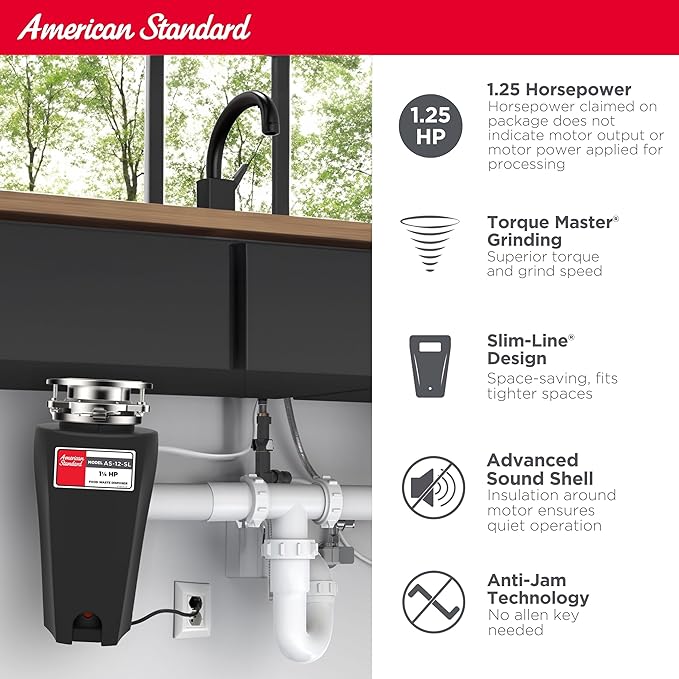 American Standard 10-US-AS-12-SL Garbage Disposal Anti-Jam Stainless Steel Food Waste Grinding System, Slim Line, 1.25 HP, Black-Ruum Studio Home