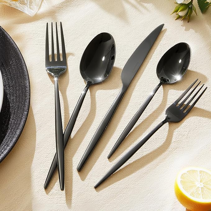 KINGSTONE Silverware Set, 40-Piece Flatware Set Cutlery Set Premium 18/10 Stainless Steel, Tableware Include Forks Knives Spoons for Home Kitchen Restaurant Wedding, Dishwasher Safe,Black-Ruum Studio Home