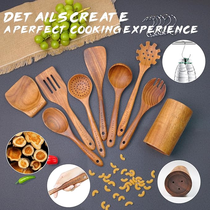 Teak Wooden Spoons for Cooking - 9 Pcs Comfort Grip Kitchen Utensil Set with Holder & Rest-Ruum Studio Home