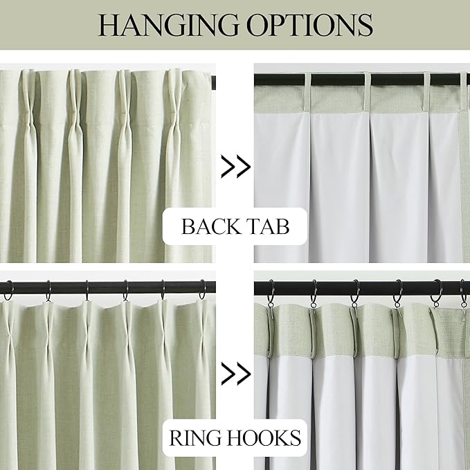 Vision Home Soft Green Pinch Pleated Full Blackout Curtains Linen Blended Room Darkening Window Panels 90 inch for Living Room Bedroom Thermal Insulated Pinch Pleat Drapes with Hooks 60" Wx90 Lx1
