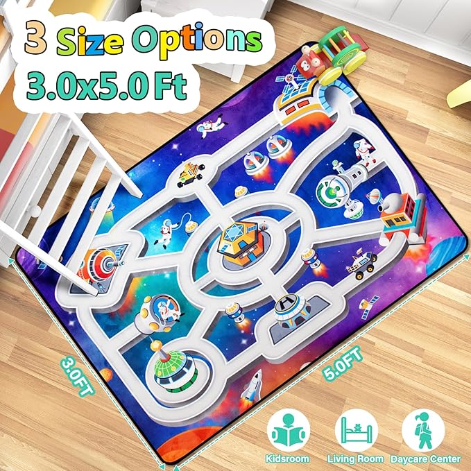 Kids Rug, Space Themed Baby Play Mat, 4x6 Ft Playroom Rug, Colorful Cartoon Outer Space, Planet, Rocket, Spaceship Road Carpet for Playroom, Educational Learning Carpet for Kids Mat-Ruum Studio Home