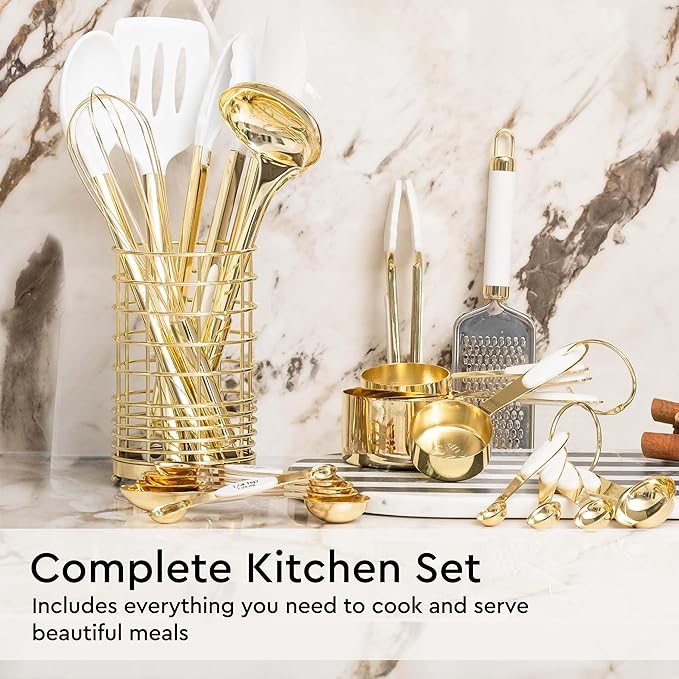 White and Gold Kitchen Utensils Set - 23-Piece Gold Kitchen Accessories Include Measuring Cups and Spoons Set, Silicone Utensils, and Utensil Holder for Baking, Cooking, and Stylish Kitchen Decor-Ruum Studio Home