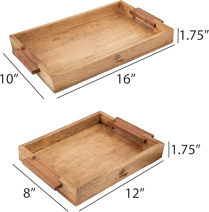 Mango Acacia Wood Serving Trays with Handles – Set of 2 Large Decorative Wooden Trays for Breakfast in Bed, Dinner, Snacks, Coffee Table, Ottoman, Couch & Patio Party – (16x10x1.75 & 8x12x1.75) Inches-Ruum Studio Home