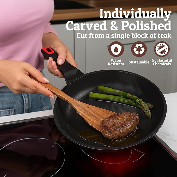 PriorityChef Premium Wooden Spoons for Cooking - 8pc with Utensil Holder, Spoon Rest and Hanging Hooks, Smooth Finish Teak Wooden Utensil Set, Heat-Resistant & Nonstick Safe, Ideal for Gifting-Ruum Studio Home